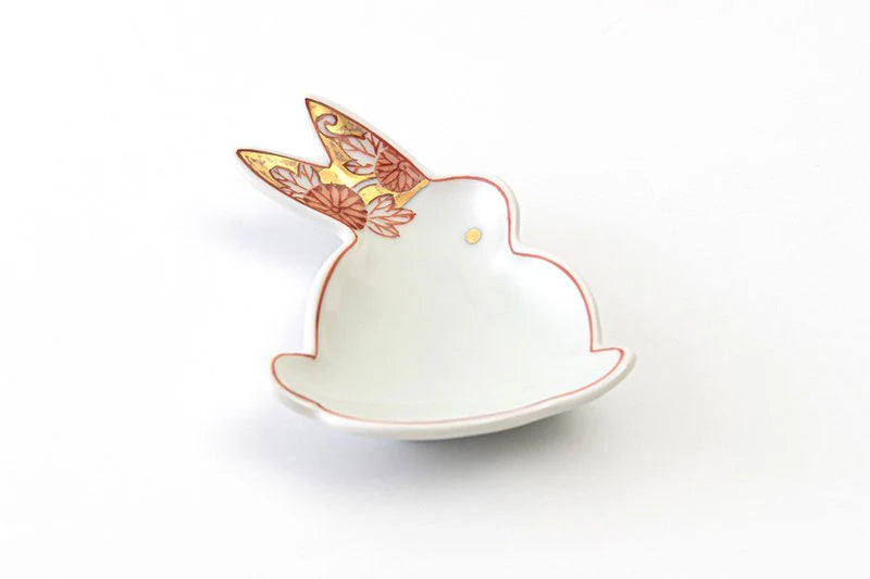Rabbit-shaped small dish with gold and silver flowers