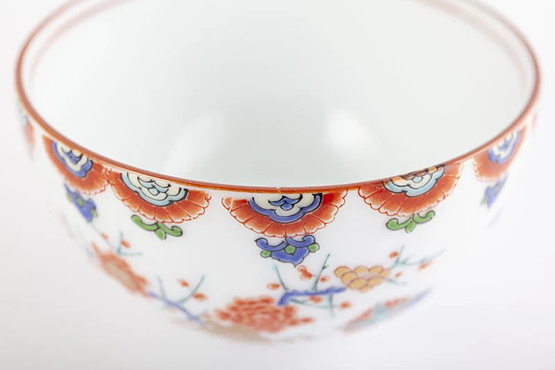 Sencha tea with a colorful plum and chrysanthemum design