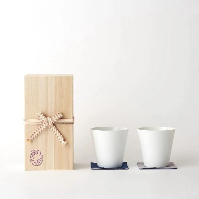 Ume & Sakura Cup Set of 2, Paulownia Box, White Porcelain