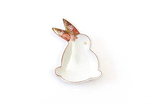 Rabbit-shaped small dish with gold and silver flowers