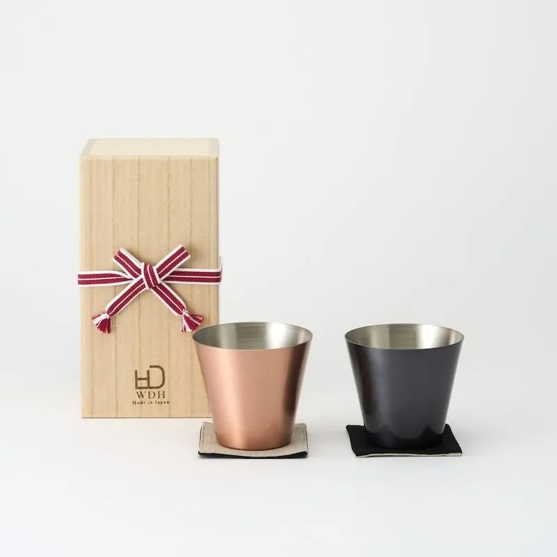 Pure Copper Cup Set (2), with Coasters, in Paulownia Box, Matte & Brown