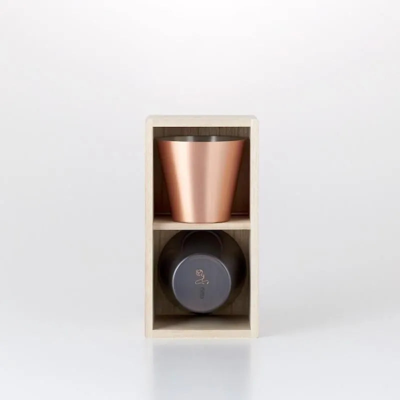 Pure Copper Cup Set (2), with Coasters, in Paulownia Box, Matte & Brown