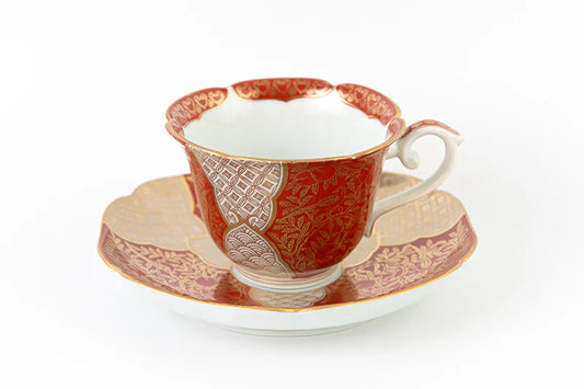 Tea bowl plate peach-painted gold brocade (red)