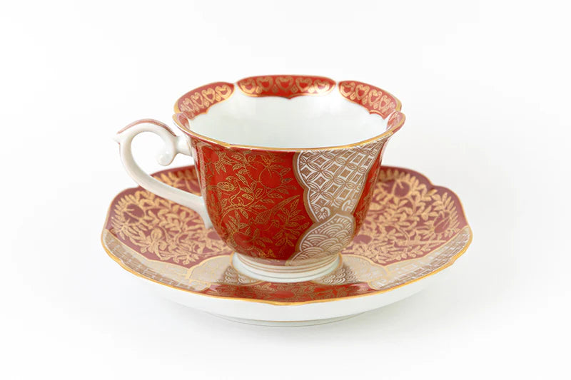 Tea bowl plate peach-painted gold brocade (red)
