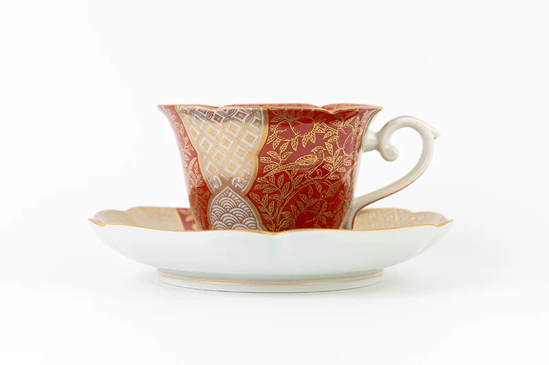 Tea bowl plate peach-painted gold brocade (red)