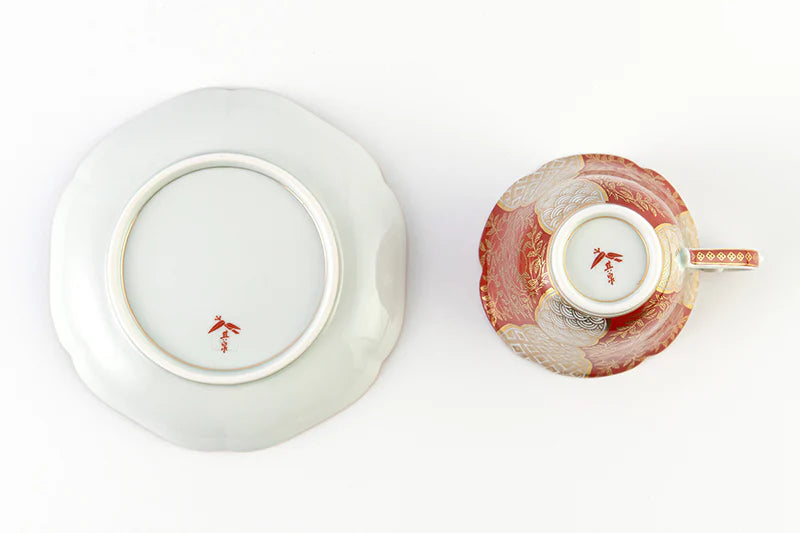 Tea bowl plate peach-painted gold brocade (red)